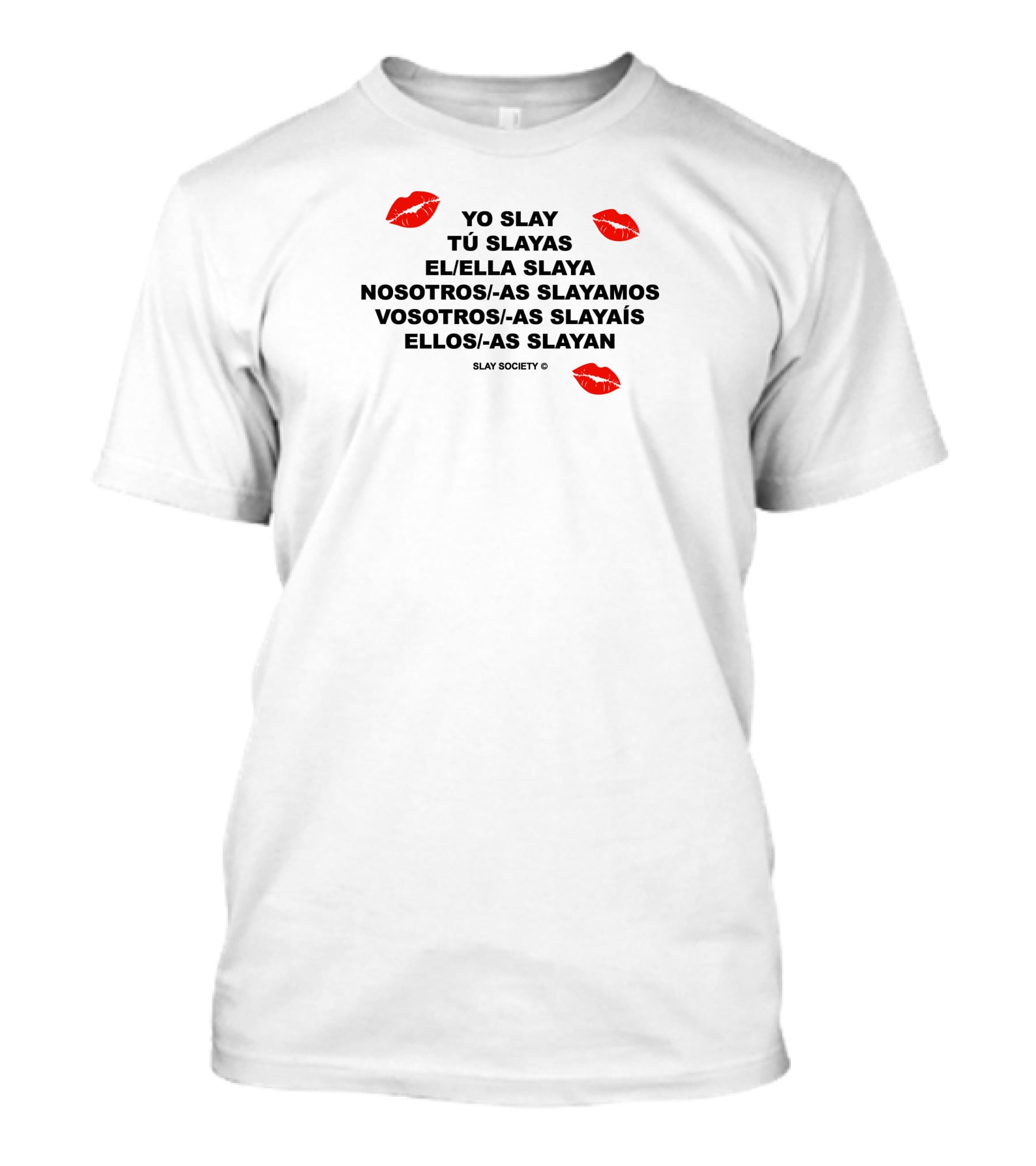 Yo Slay Tú Slayas El Ella Slaya Nosotros As Slayamos Vosotros As Slayaís Ellos As Slayan Slay Society T-Shirt