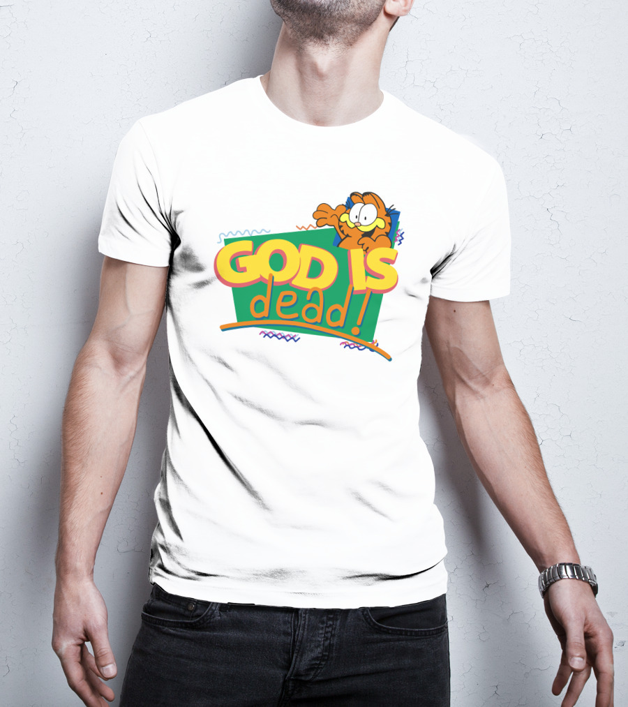 Garfield God Is Dead Comic Style Text With Playful Cartoon Character T-Shirt