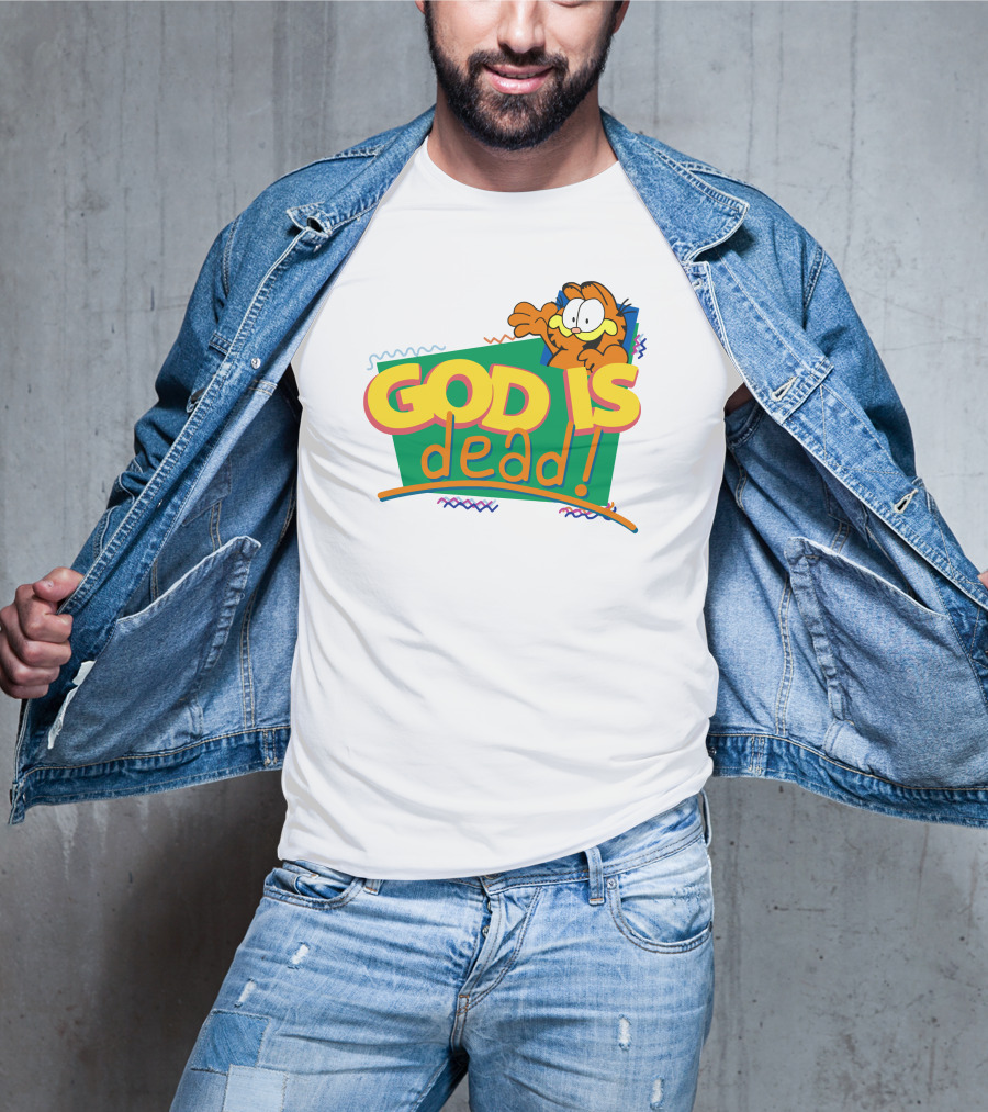 Garfield God Is Dead Comic Style Text With Playful Cartoon Character T-Shirt