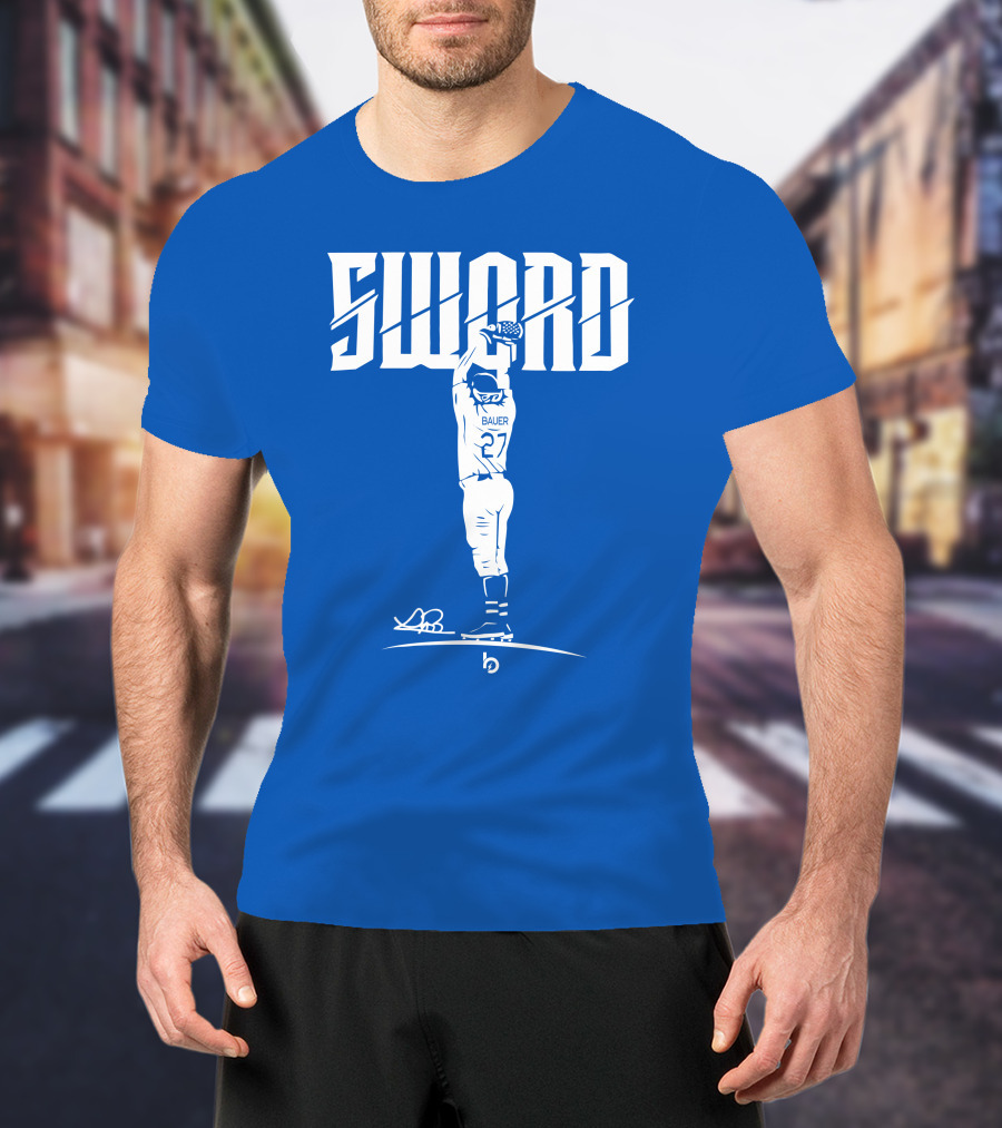 SWORD Trevor Bauer 27 Baseball Blue Merchandise T-Shirt