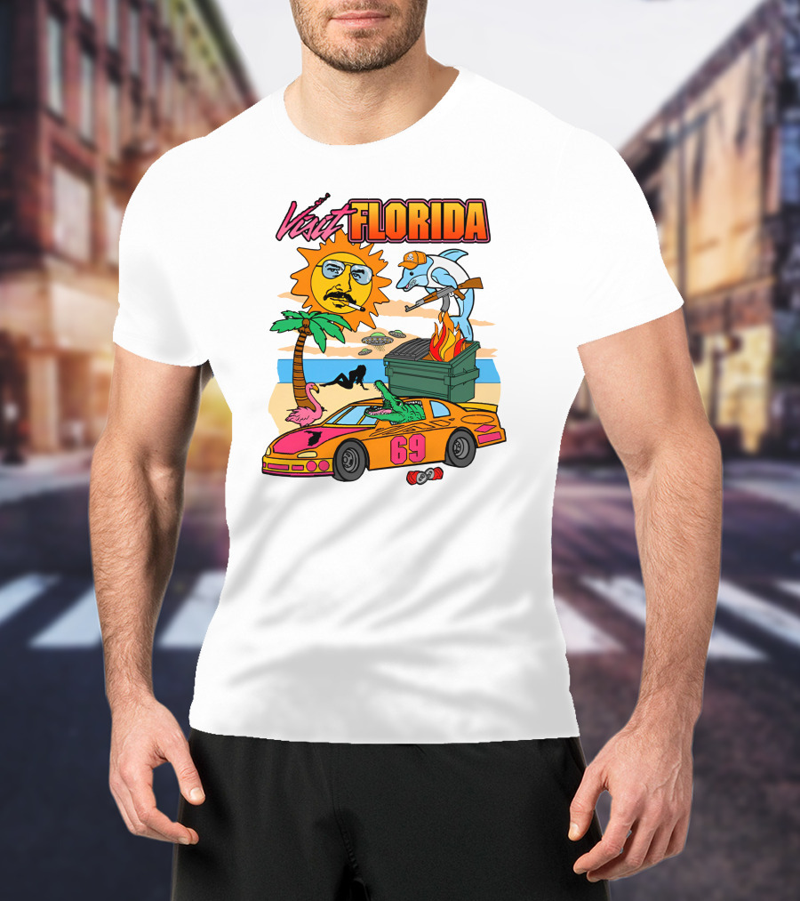 Shithead Steve Merch Visit Florida Flaming Dumpster Racing Car 69 Armed Dolphin Palm Tree Sun Face T-Shirt