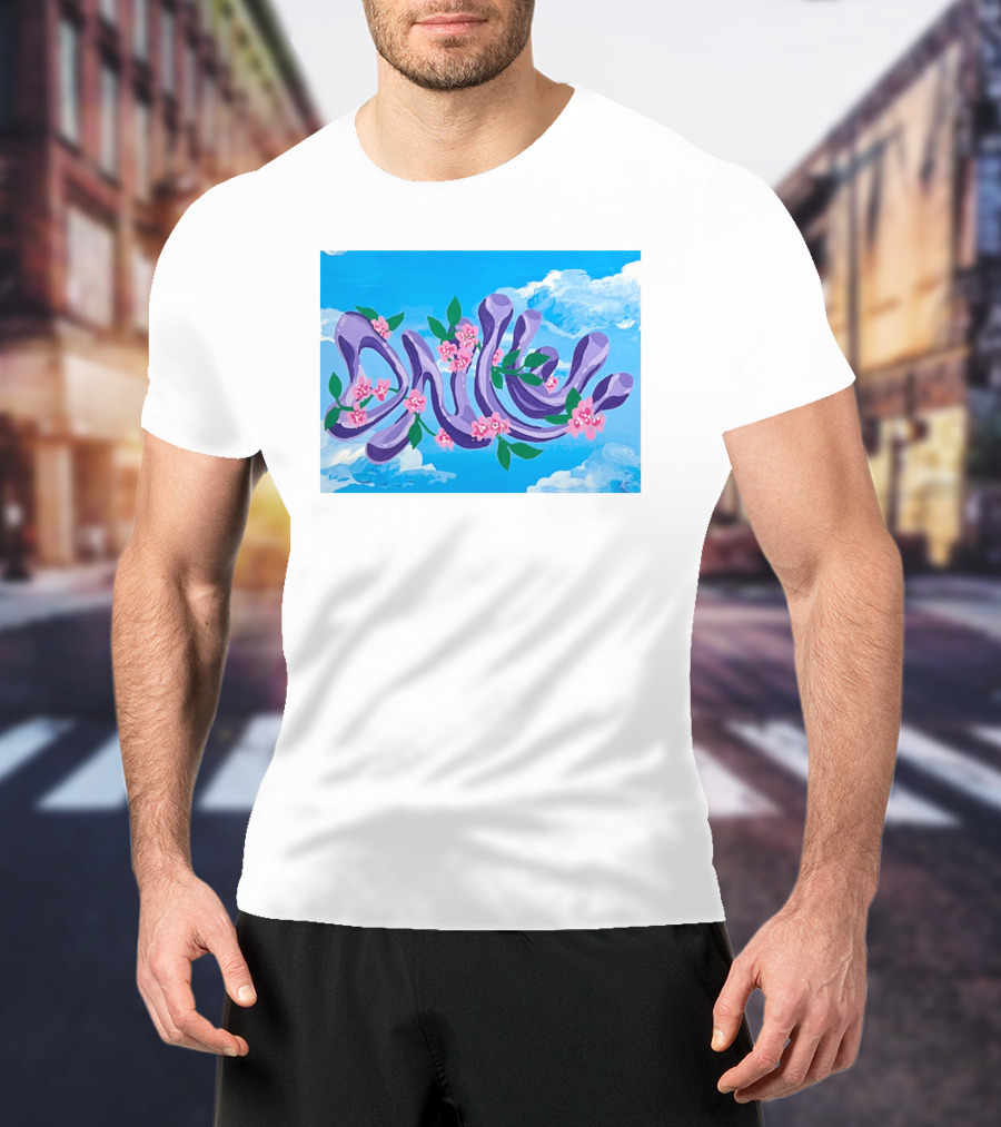 Jolene Dance Purple Script With Pink Flowers On Blue Sky Background T-Shirt