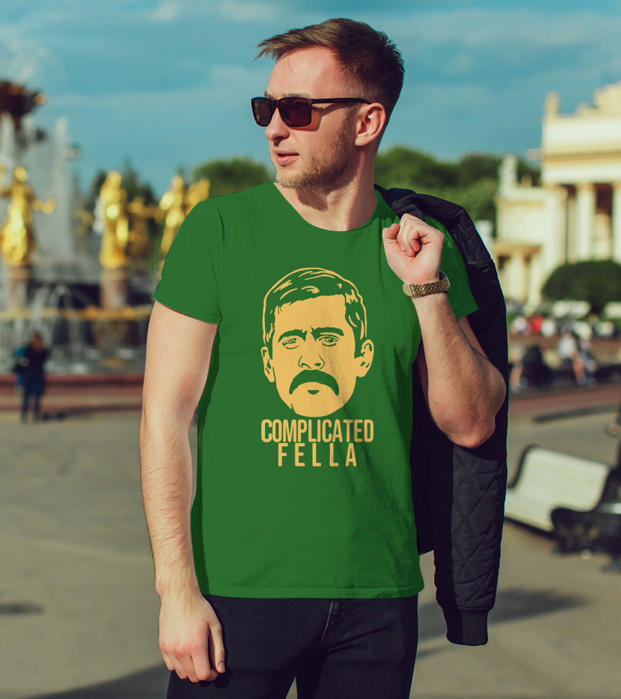 Complicated Fella Graphic With Mustache On Green Background T-Shirt