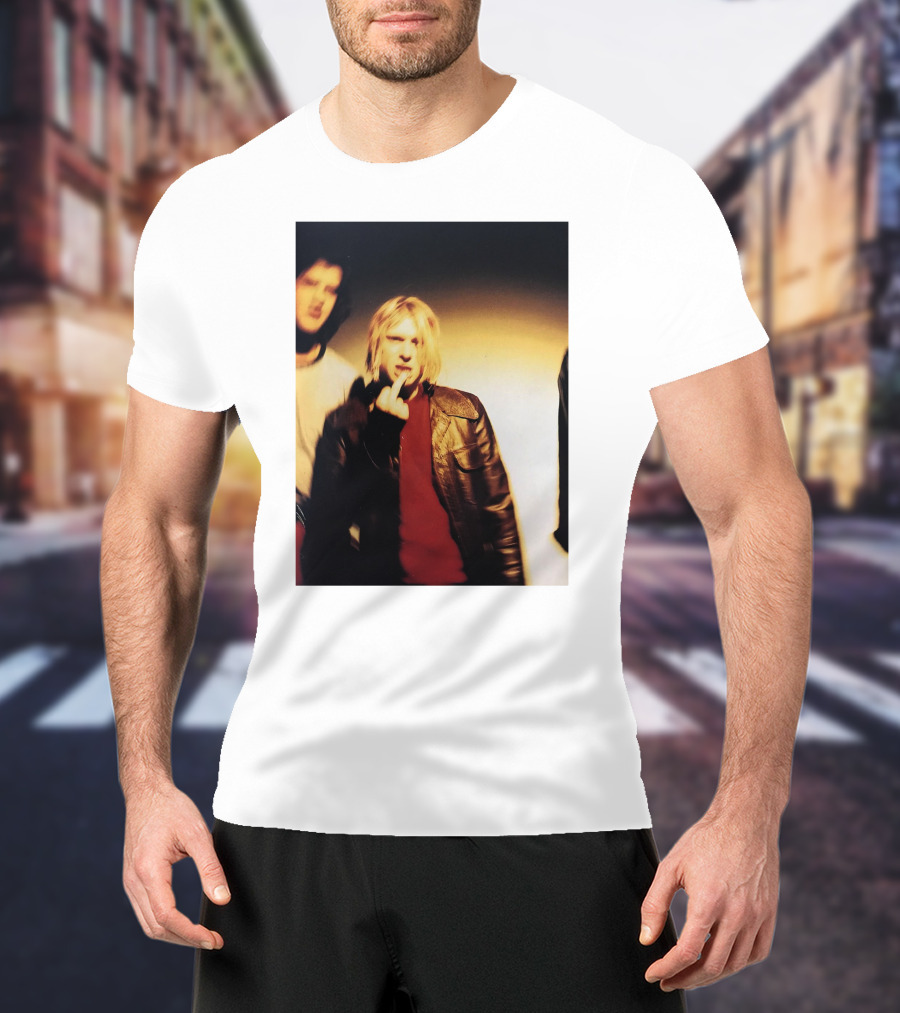 Kurt Cobain Leather Jacket Red Sweater Iconic Image T-Shirt