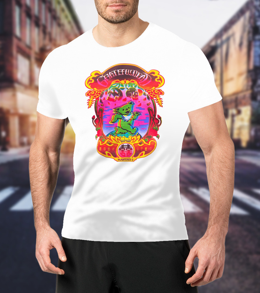 Grateful Dead X Plastered Psychedelic Bear Design With Skulls And Lightning T-Shirt