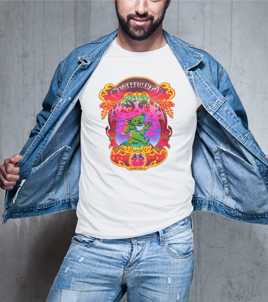 Grateful Dead X Plastered Psychedelic Bear Design With Skulls And Lightning T-Shirt