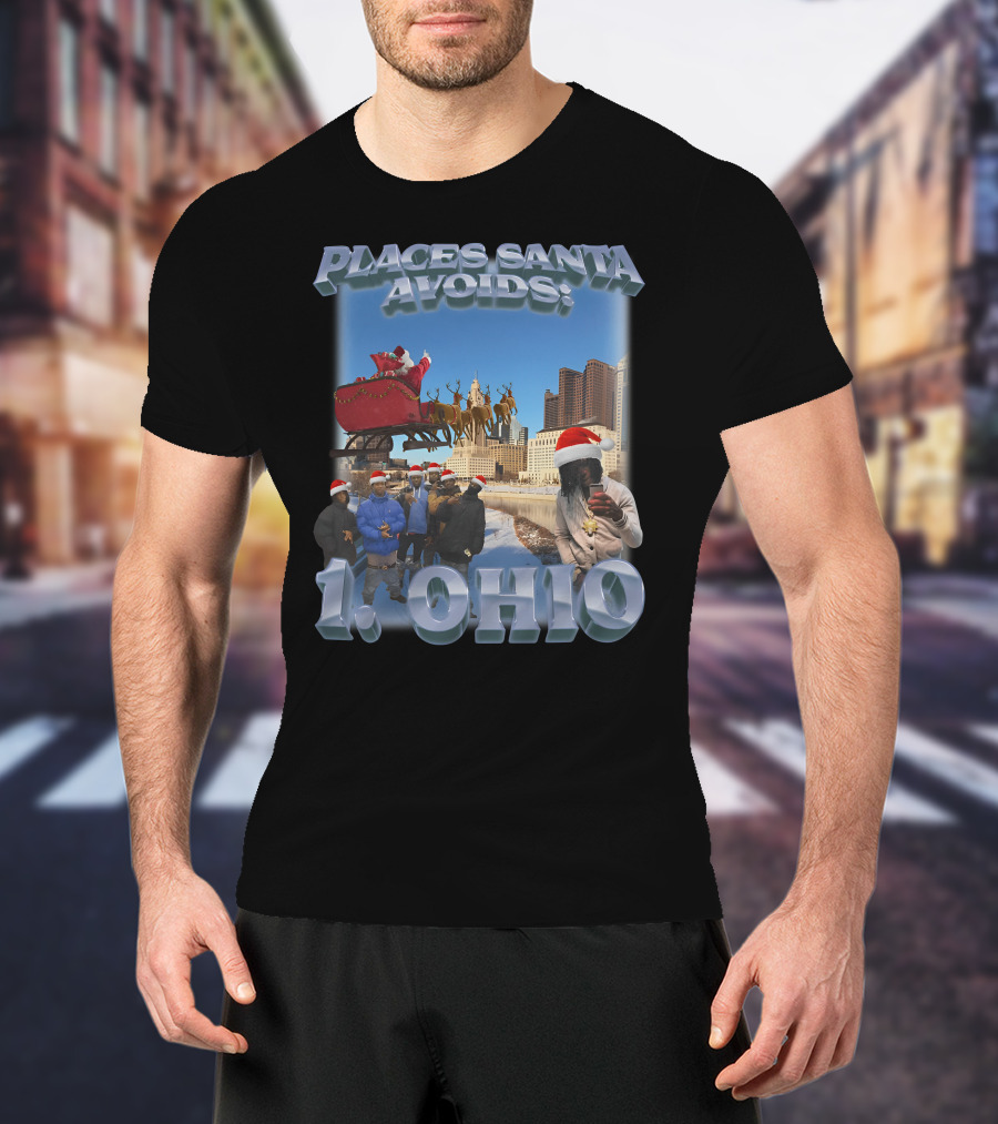 Places Santa Avoids 1 Ohio Santa's Sleigh Reindeer Columbus Skyline T-Shirt