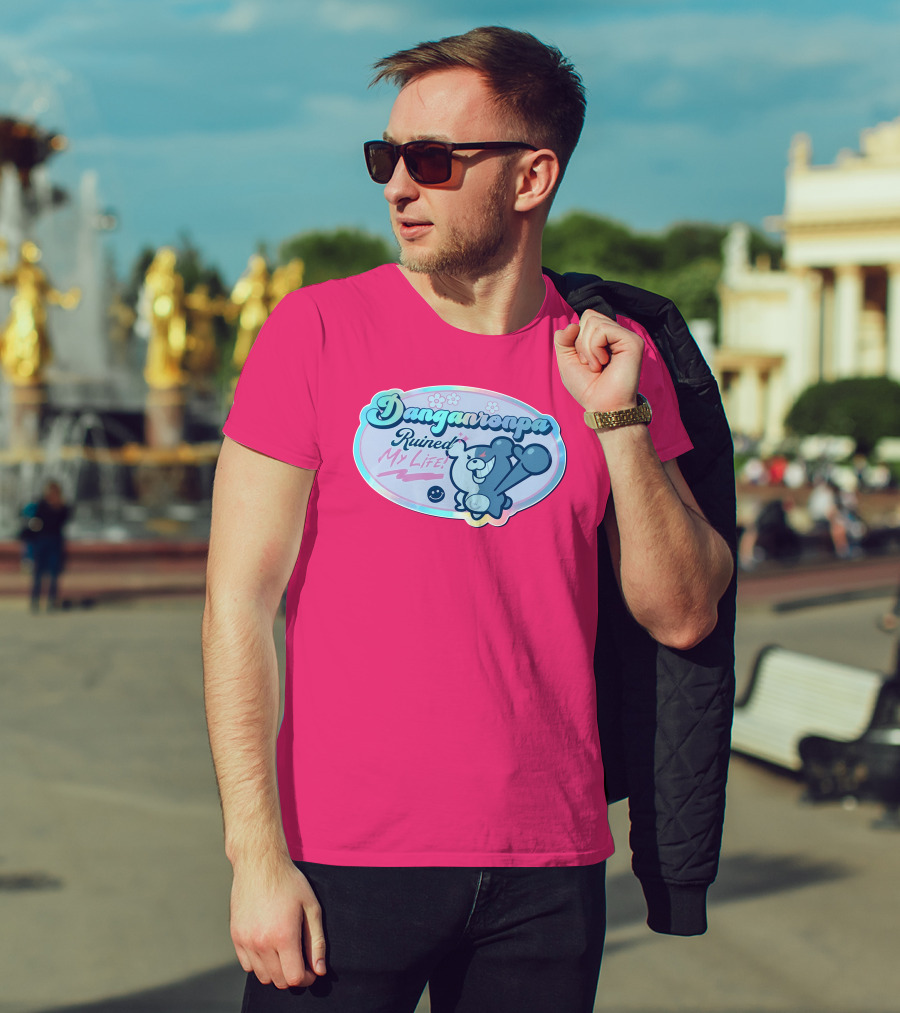 Danganronpa Ruined My Life Monokuma Smiley Pink Flowers T-Shirt