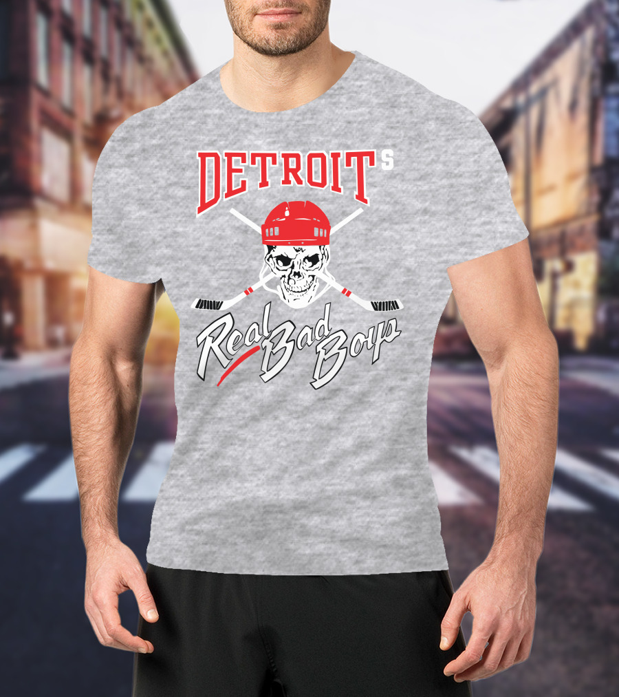 Detroit Real Bad Boys Skull With Hockey Helmet And Crossed Sticks T-Shirt