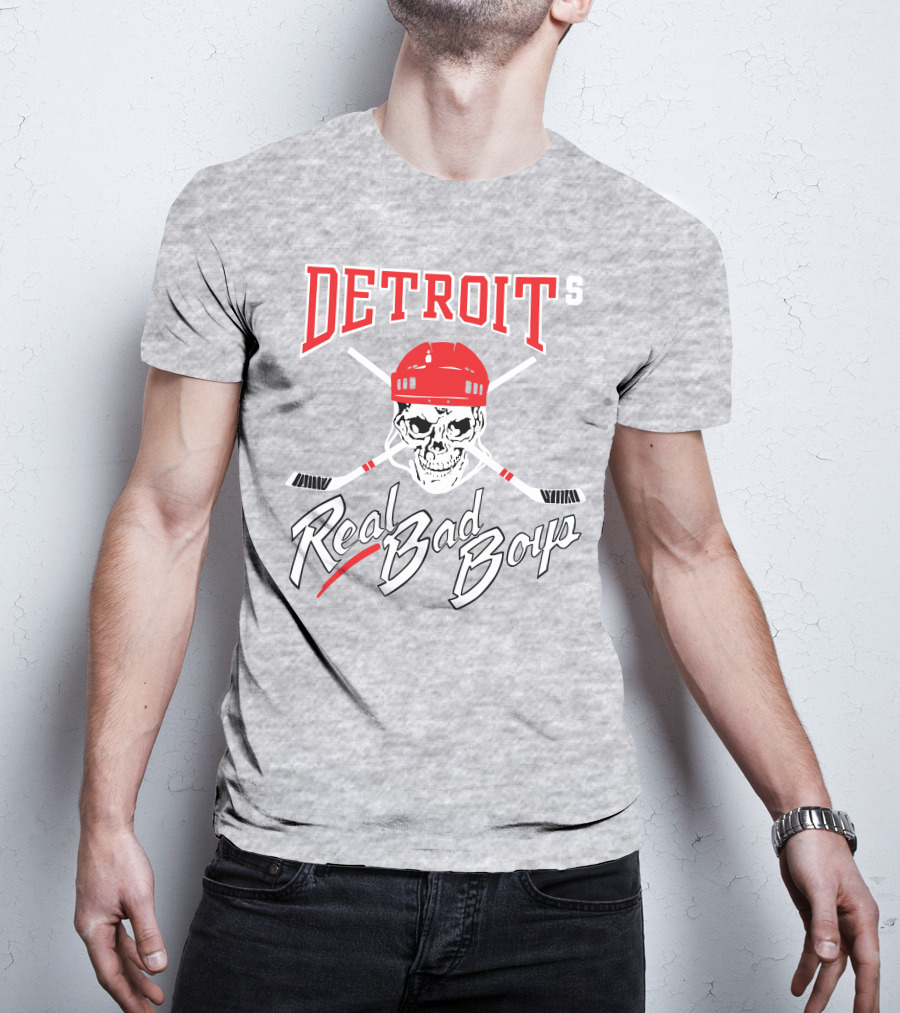 Detroit Real Bad Boys Skull With Hockey Helmet And Crossed Sticks T-Shirt