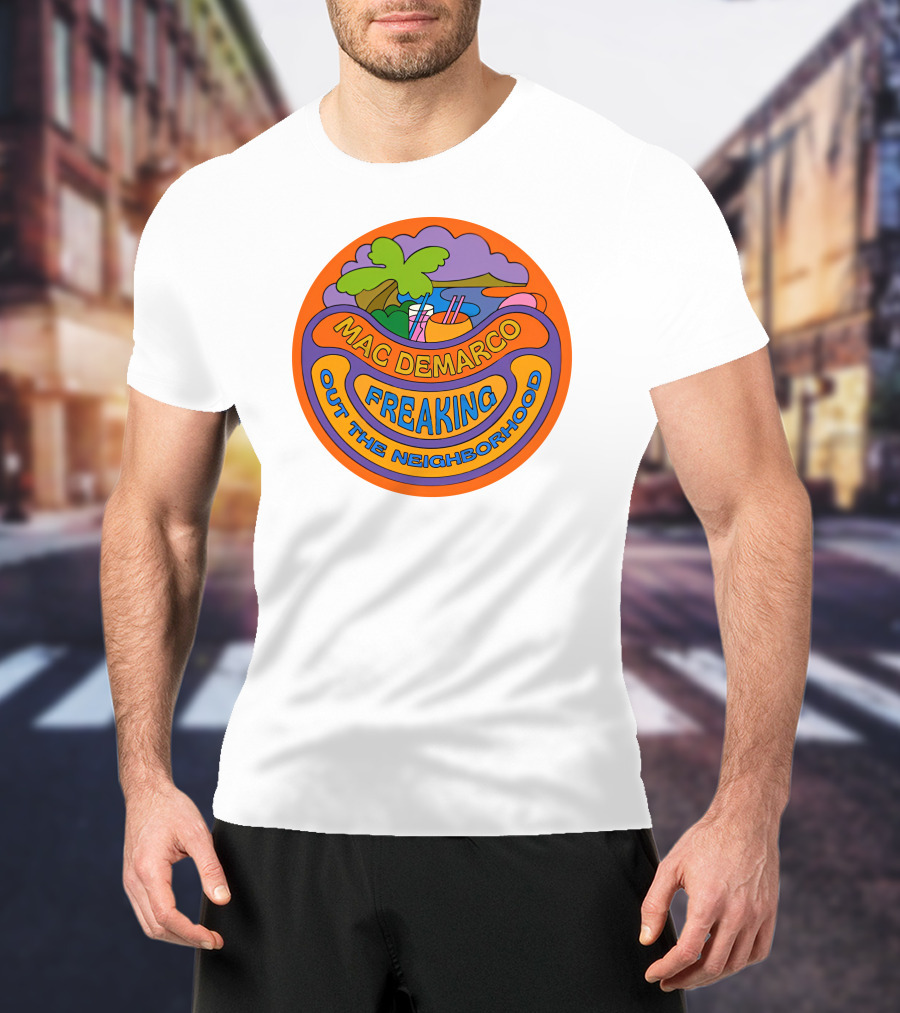 Mac Demarco Freaking Out The Neighborhood Colorful Retro Design With Beach And Palm Tree Elements T-Shirt