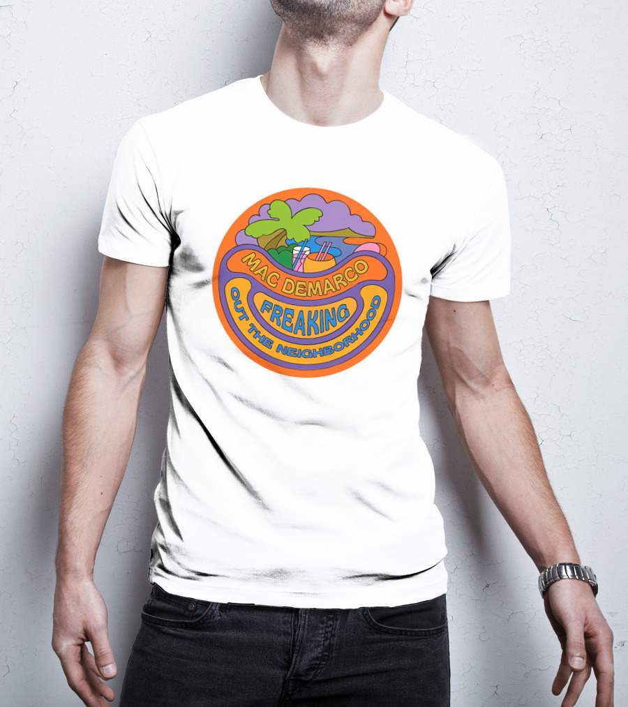 Mac Demarco Freaking Out The Neighborhood Colorful Retro Design With Beach And Palm Tree Elements T-Shirt