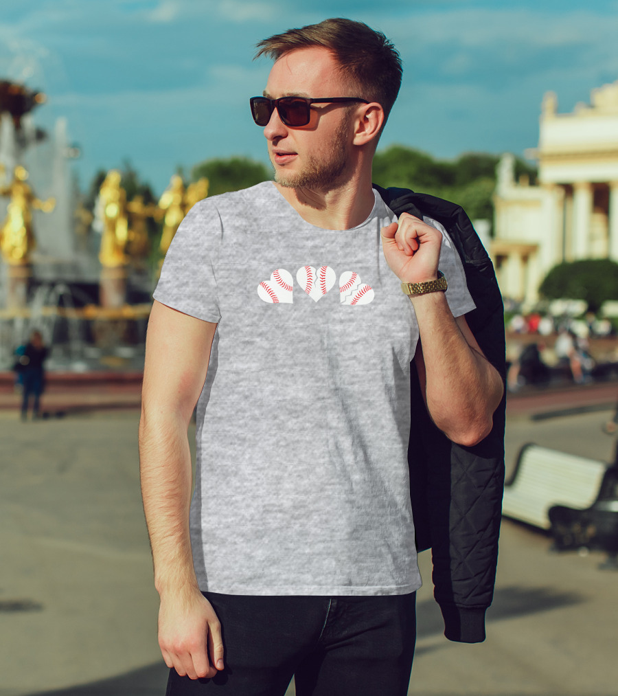 The Three Baseball Hearts Pattern Red Stitching T-Shirt