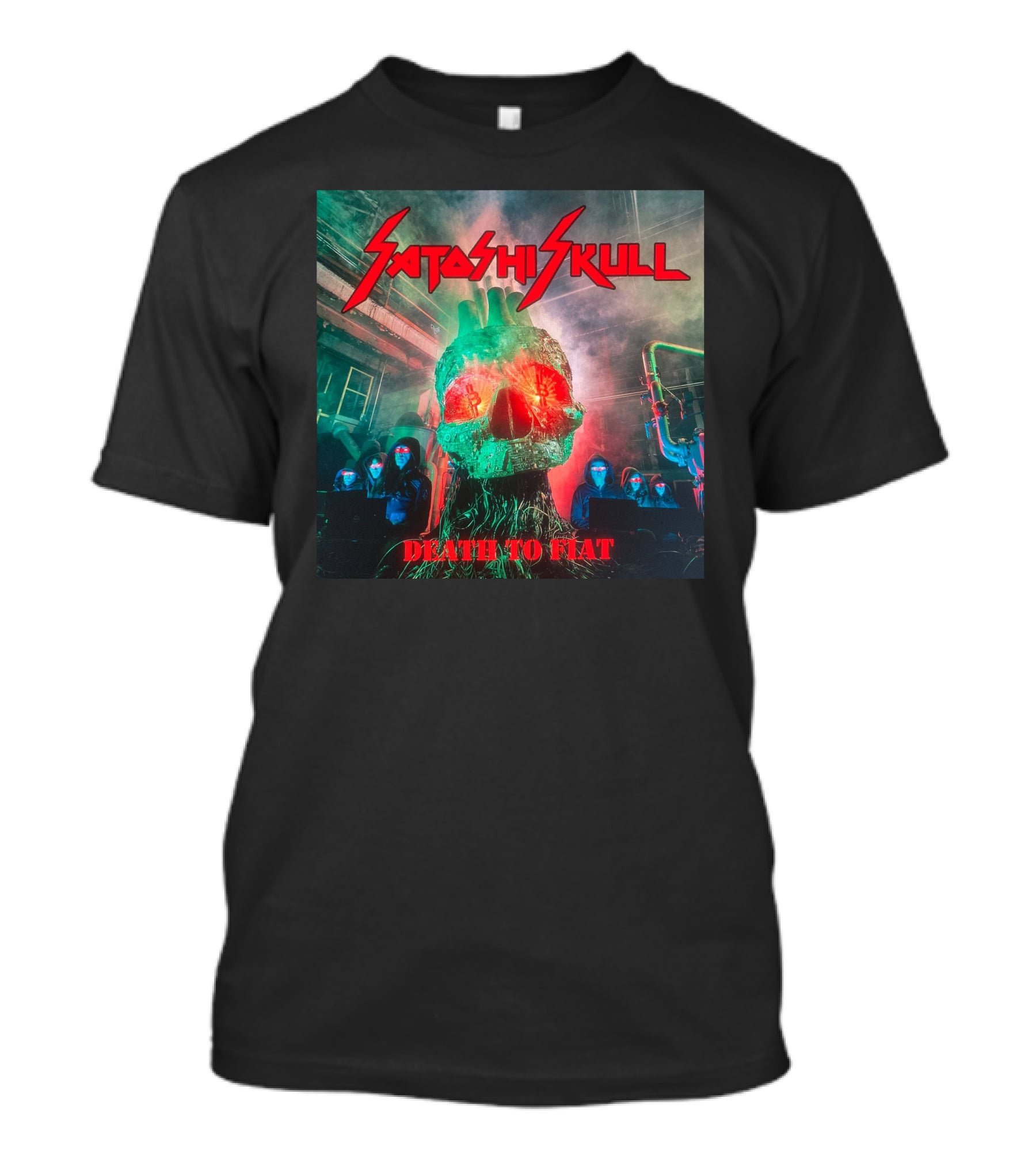 Satashi Skull Death To Fiat Electric Neon Skull With Hooded Figures T-Shirt