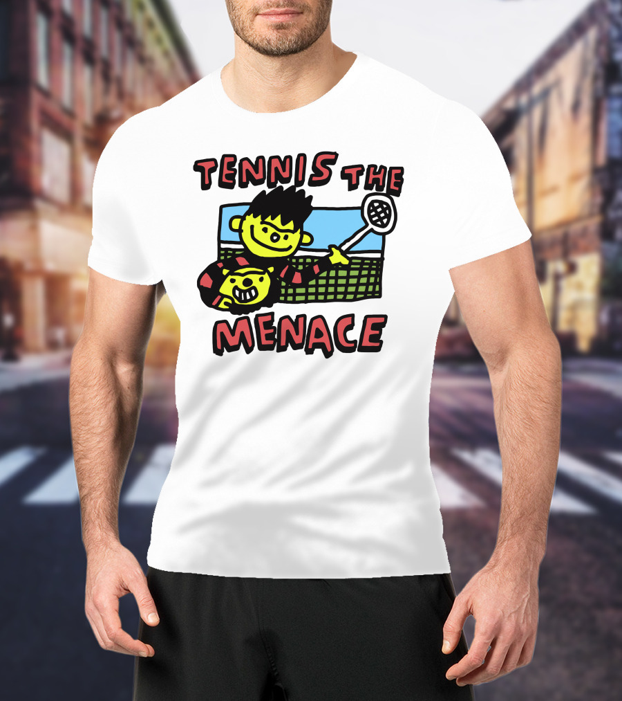 Tennis The Menace Comic Style Tennis Player With Racket T-Shirt
