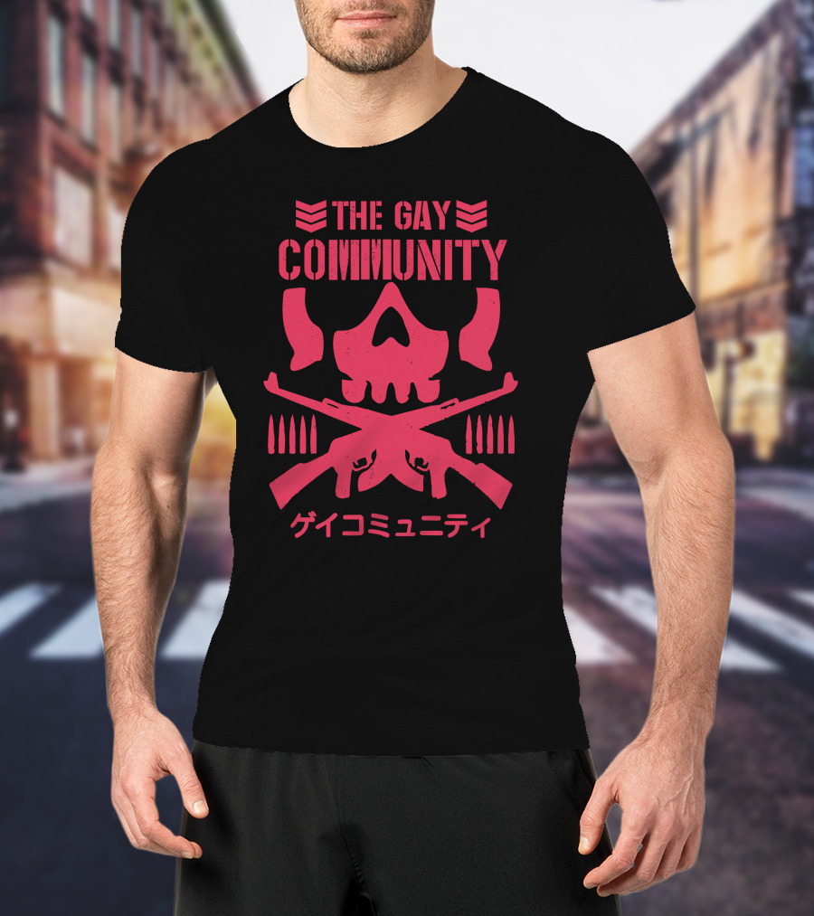 The Gay Community Japanese Text Skull And Crossed Rifles T-Shirt