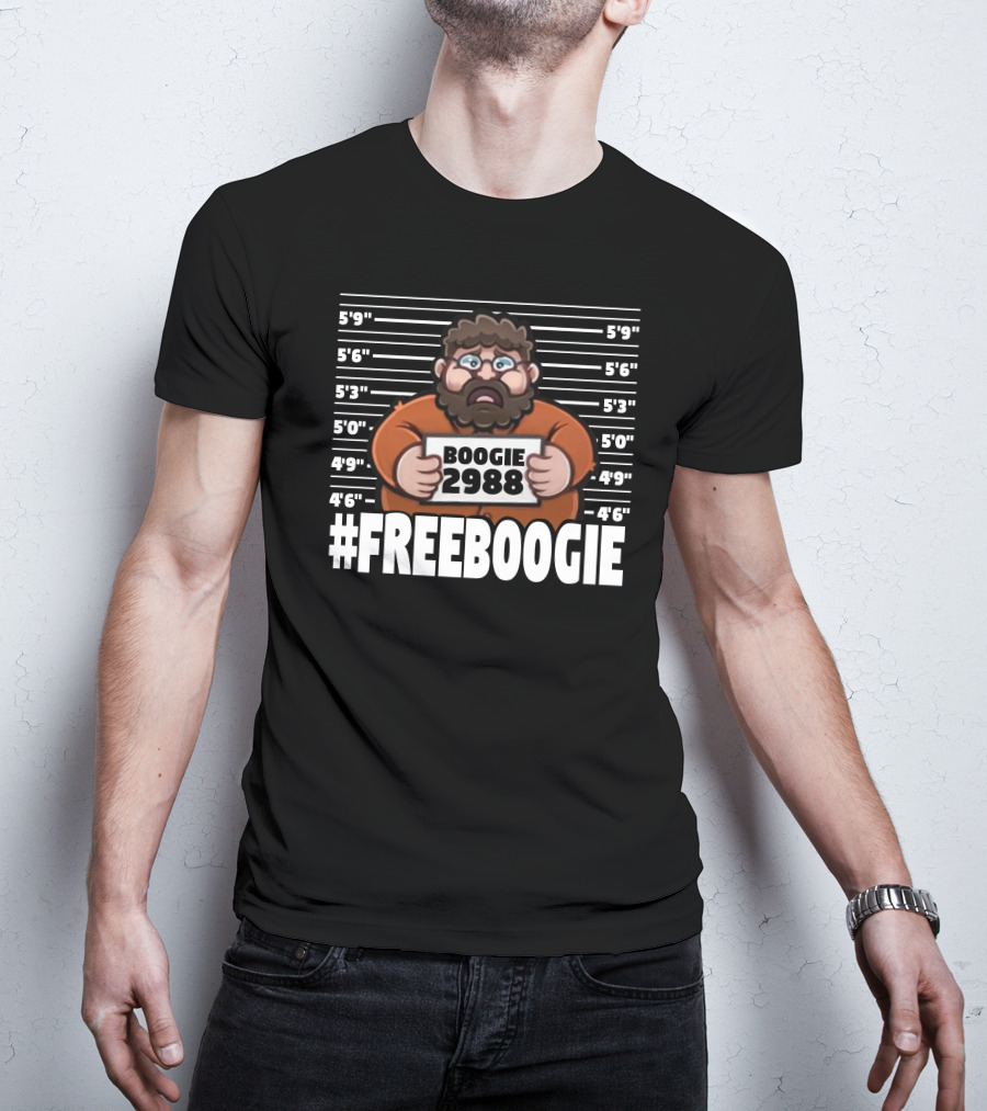 Boogie2988 Mugshot Cartoon With #Freeboogie Text And Height Chart T-Shirt