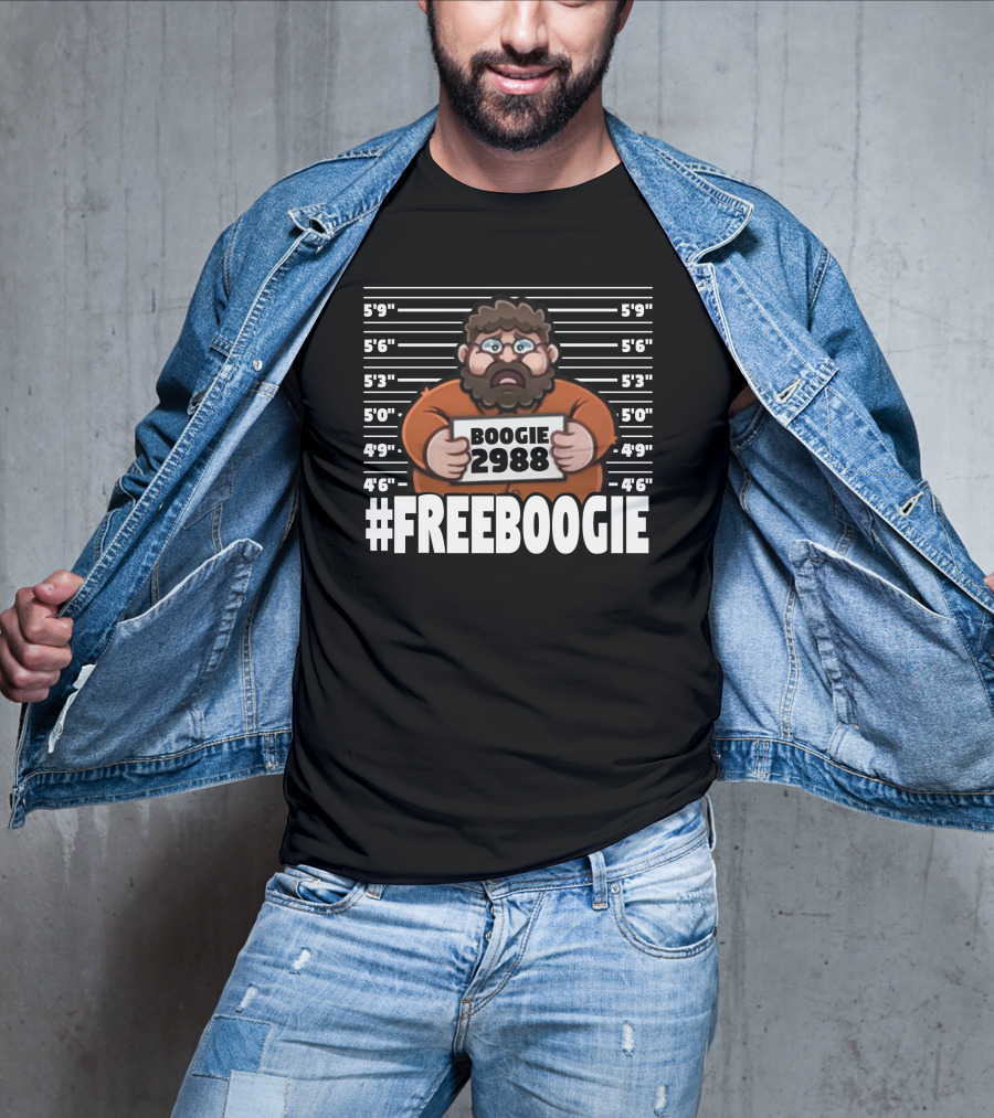 Boogie2988 Mugshot Cartoon With #Freeboogie Text And Height Chart T-Shirt
