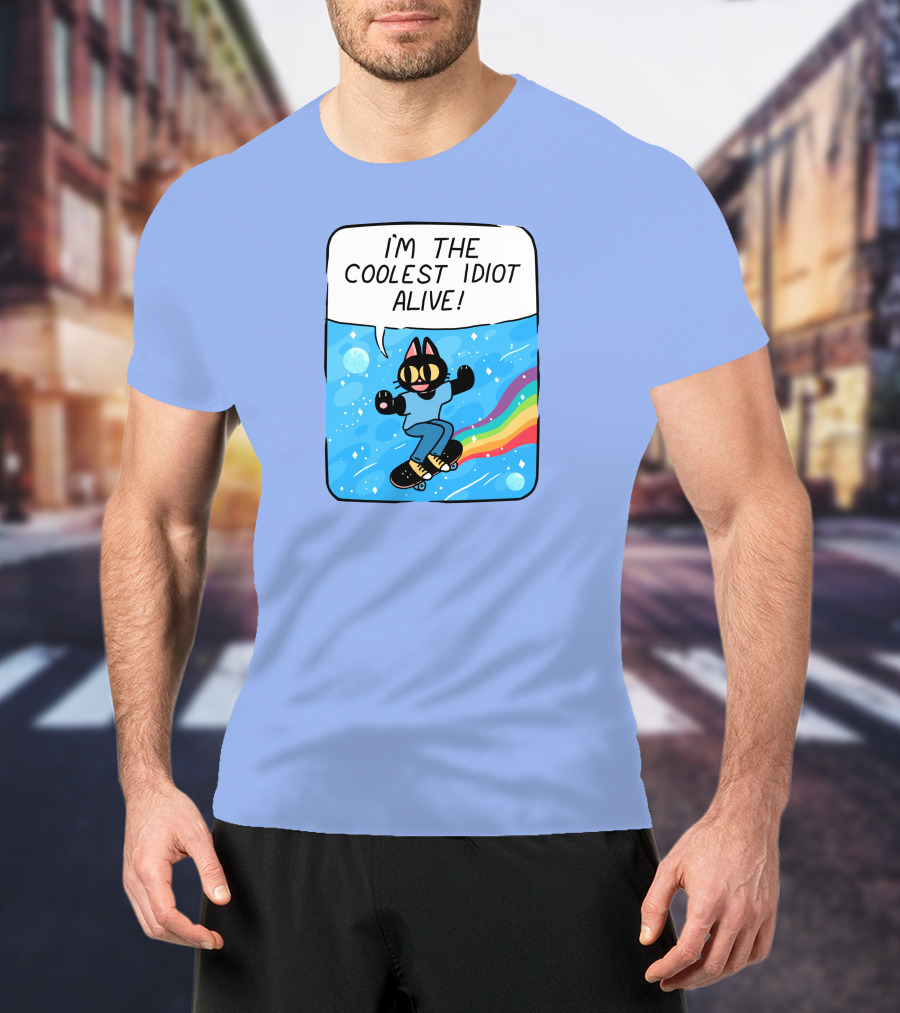 Mollyjohnt I'm The Coolest Idiot Alive Skateboarding Cat With Rainbow Trail T-Shirt