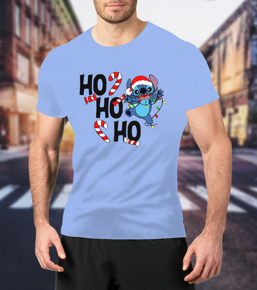 Stitch Ho Ho Ho Christmas Lights And Candy Canes T-Shirt