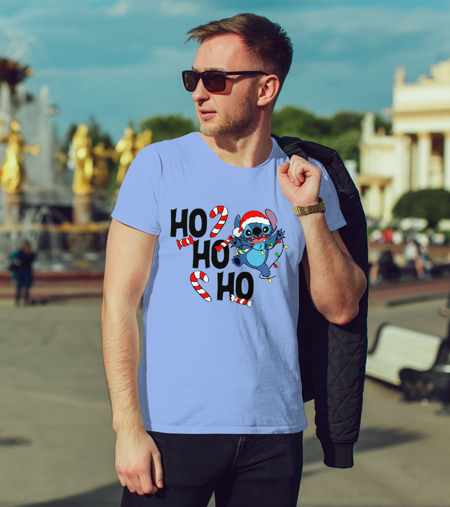 Stitch Ho Ho Ho Christmas Lights And Candy Canes T-Shirt