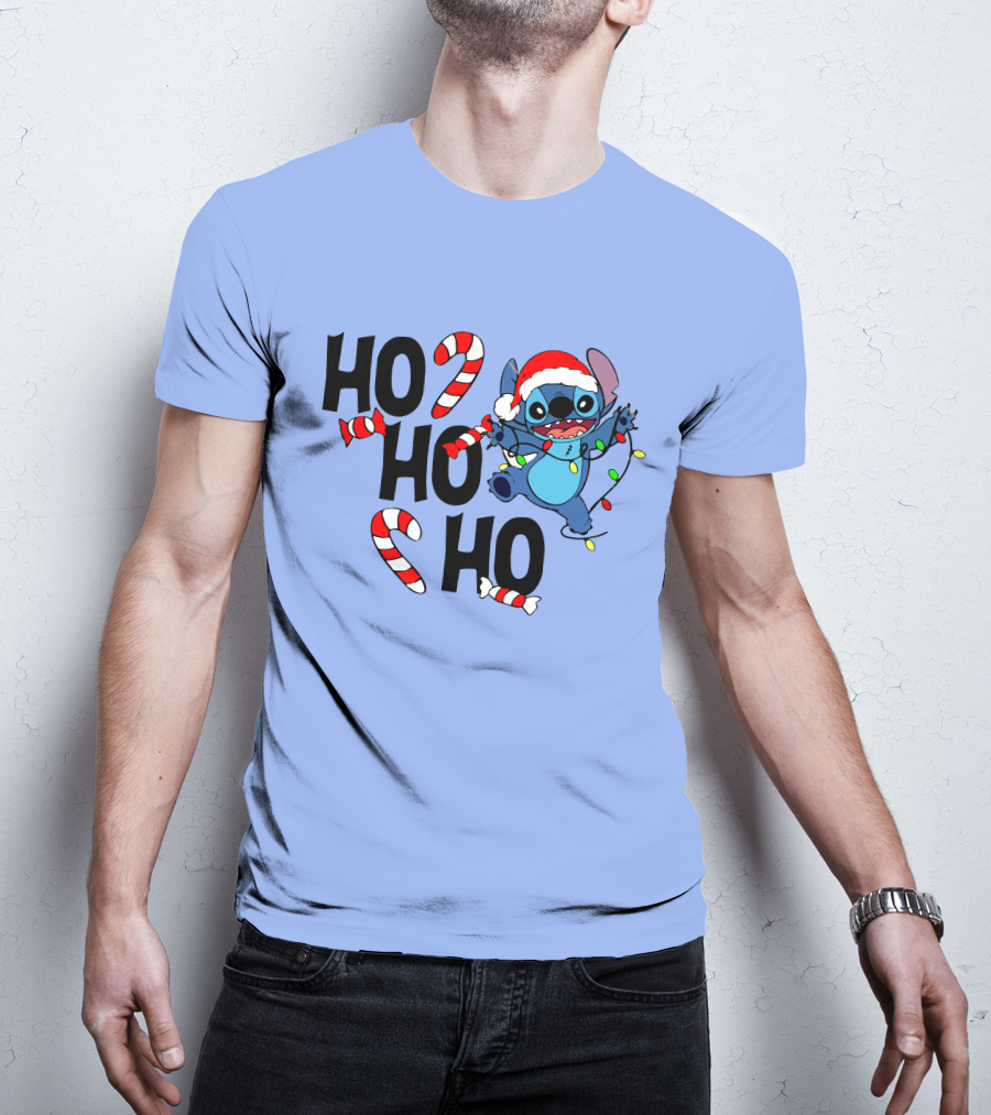 Stitch Ho Ho Ho Christmas Lights And Candy Canes T-Shirt