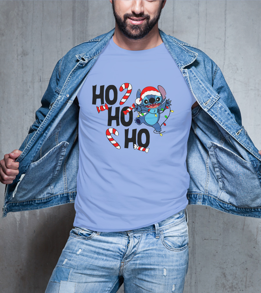 Stitch Ho Ho Ho Christmas Lights And Candy Canes T-Shirt