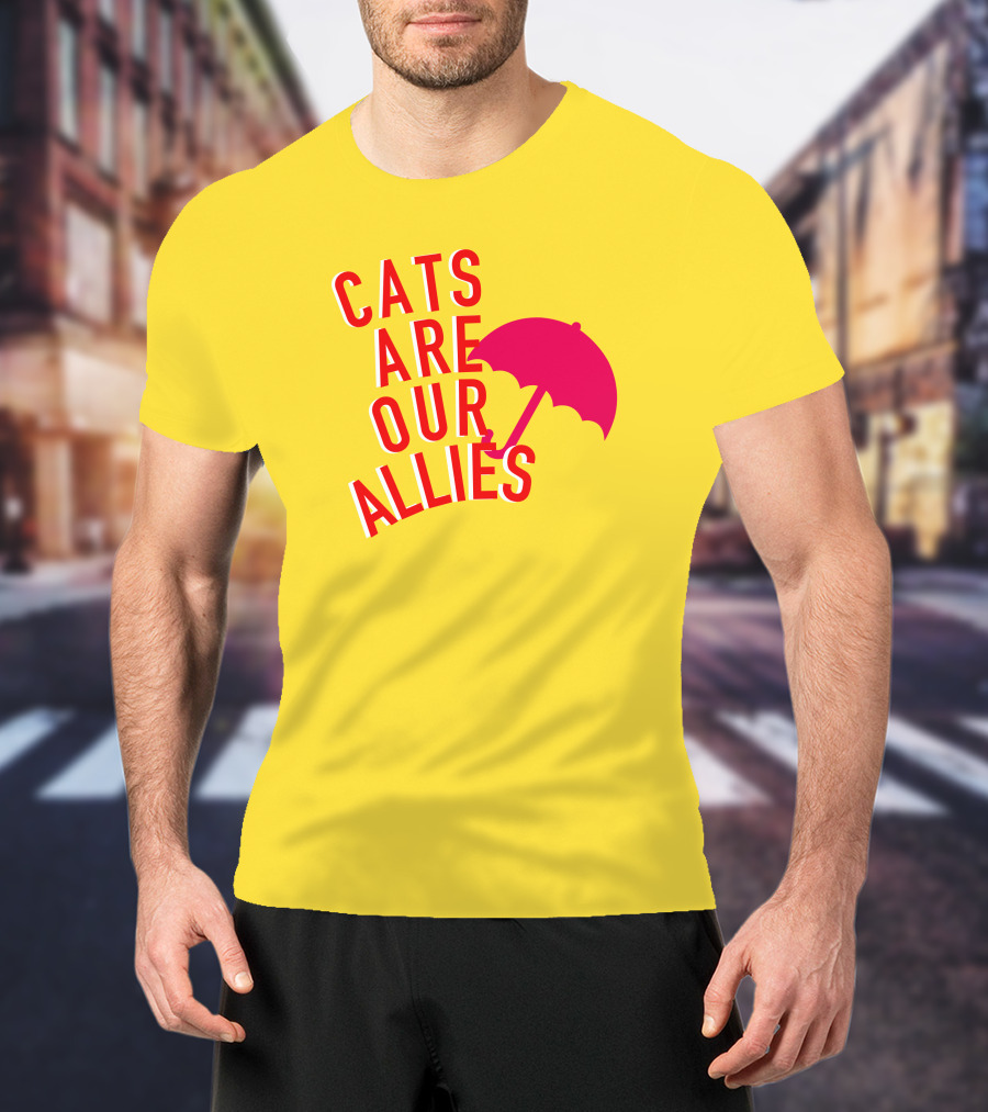 Jortsthecat Cats Are Our Allies Red Umbrella Yellow Background T-Shirt