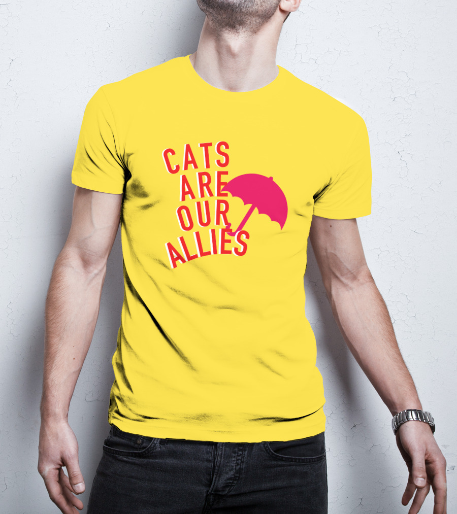 Jortsthecat Cats Are Our Allies Red Umbrella Yellow Background T-Shirt