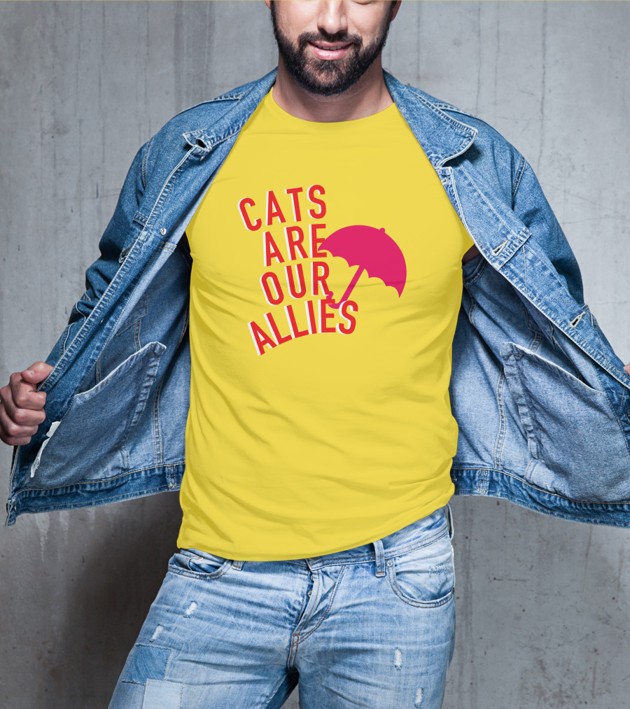 Jortsthecat Cats Are Our Allies Red Umbrella Yellow Background T-Shirt