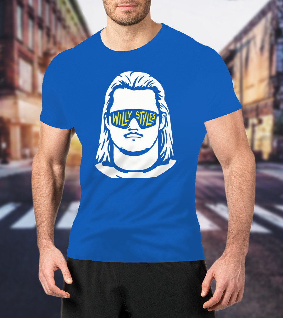 Willy Styles Sunglasses Graphic Blue Background T-Shirt