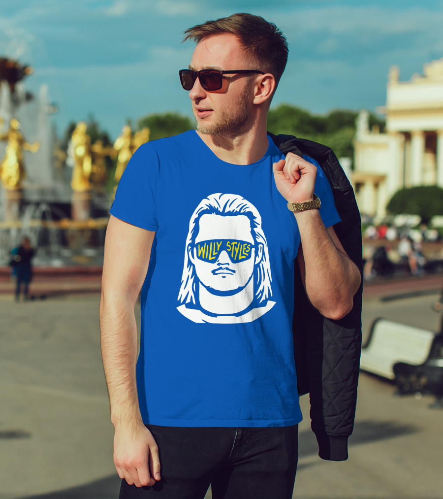 Willy Styles Sunglasses Graphic Blue Background T-Shirt