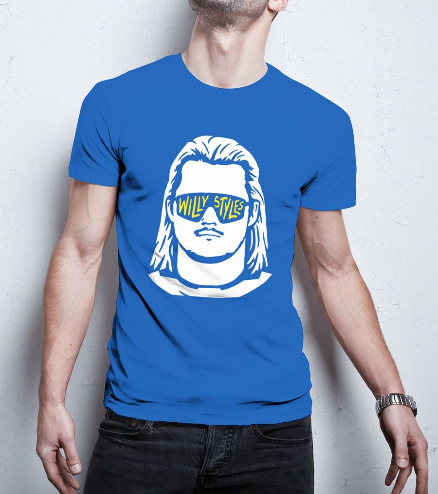 Willy Styles Sunglasses Graphic Blue Background T-Shirt