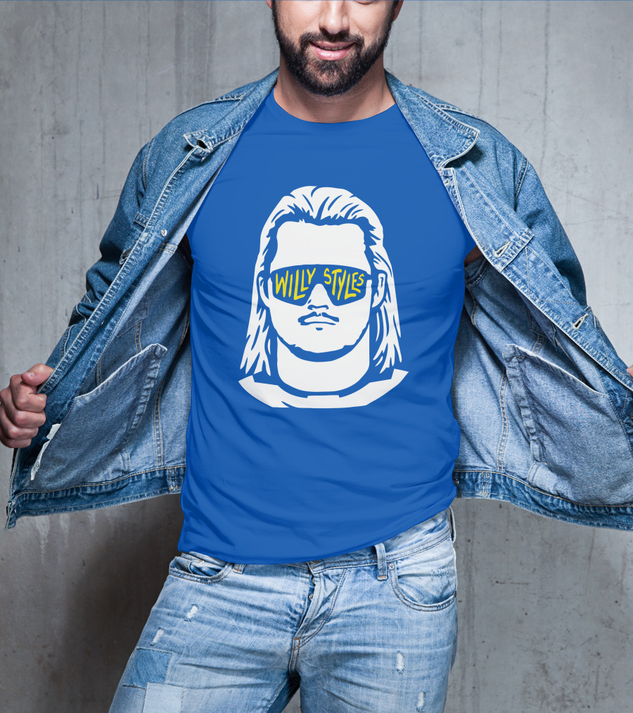 Willy Styles Sunglasses Graphic Blue Background T-Shirt