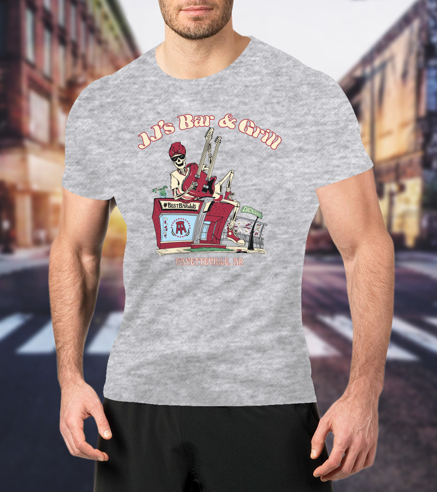 JJ's Bar And Grill Fayetteville AR Best Barstools Skeleton Playing Guitar T-Shirt