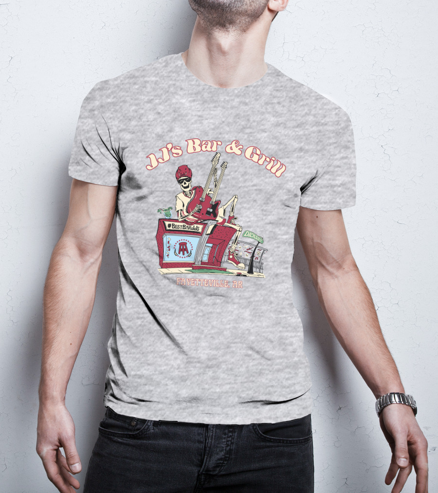 JJ's Bar And Grill Fayetteville AR Best Barstools Skeleton Playing Guitar T-Shirt