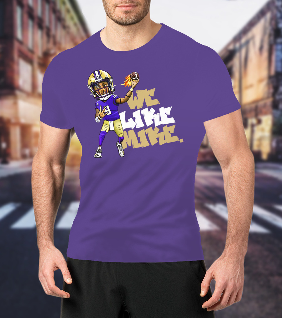 We Like Mike Football Character In Purple And Gold Gear Holding Flaming Ball T-Shirt