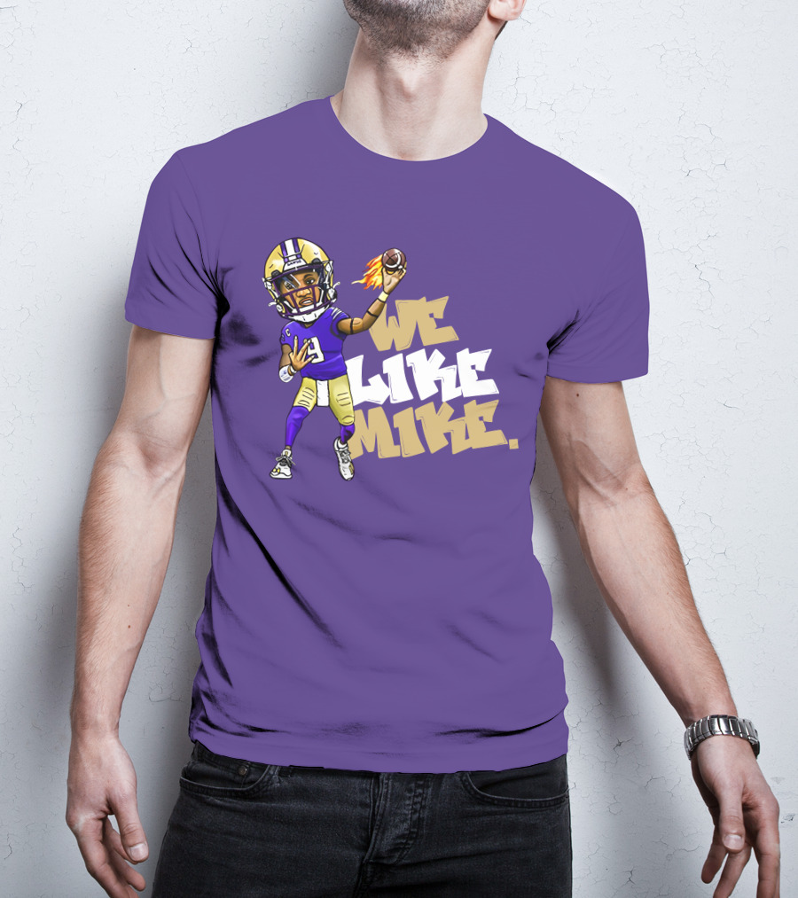 We Like Mike Football Character In Purple And Gold Gear Holding Flaming Ball T-Shirt