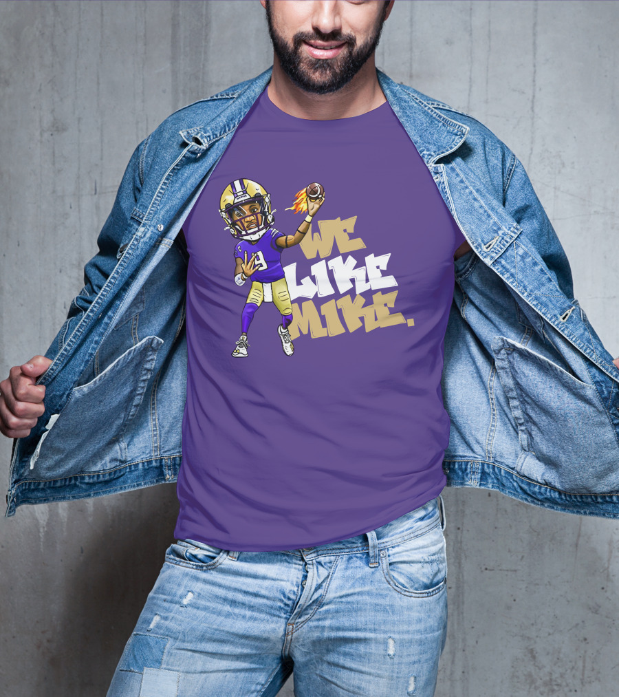 We Like Mike Football Character In Purple And Gold Gear Holding Flaming Ball T-Shirt