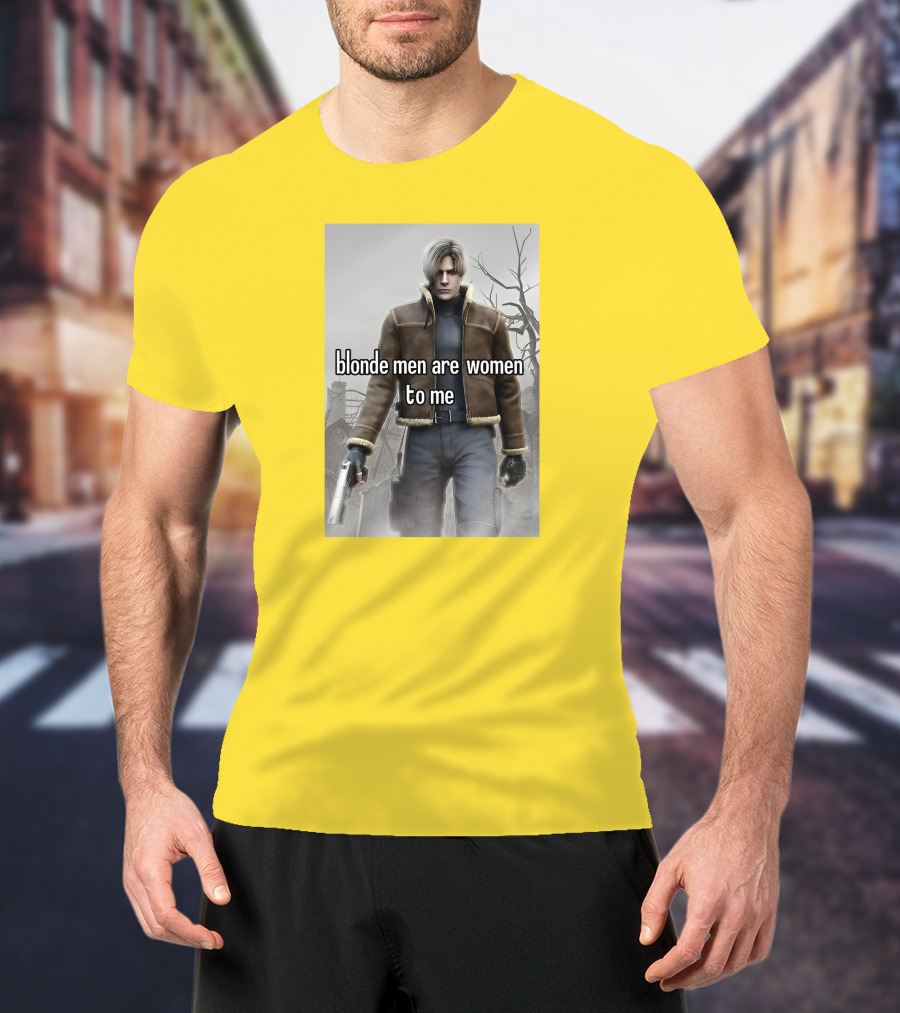 Blonde Men Are Women To Me Resident Video Game Character Brown Jacket Gun T-Shirt