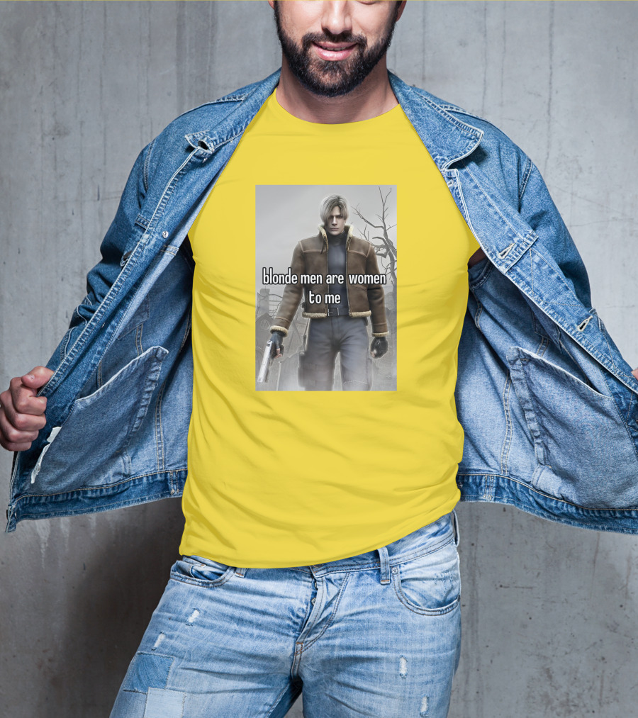 Blonde Men Are Women To Me Resident Video Game Character Brown Jacket Gun T-Shirt