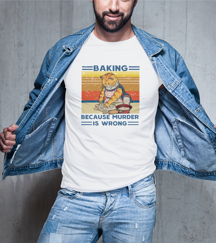 Baking Because Murder Is Wrong Cat Retro Style Nigel Simmonds T-Shirt