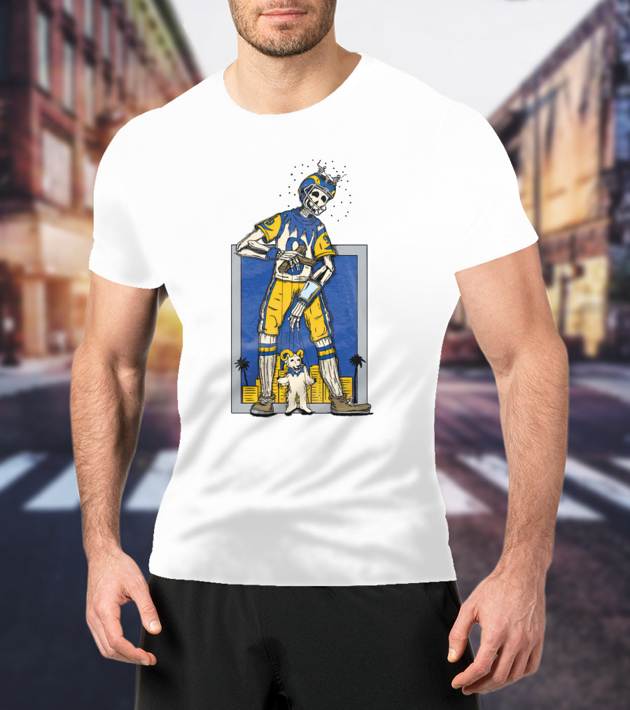 LA Skeleton Football Player Blue Gold Dog Helmet Cityscape T-Shirt