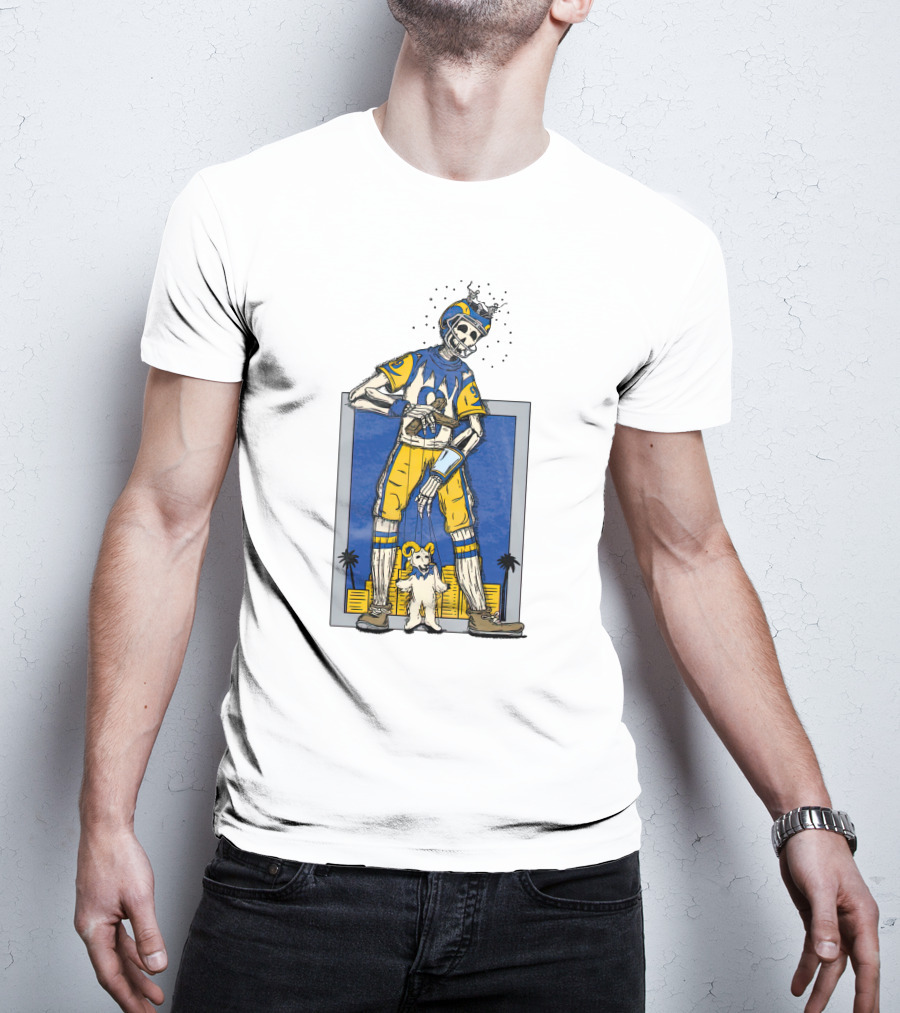 LA Skeleton Football Player Blue Gold Dog Helmet Cityscape T-Shirt