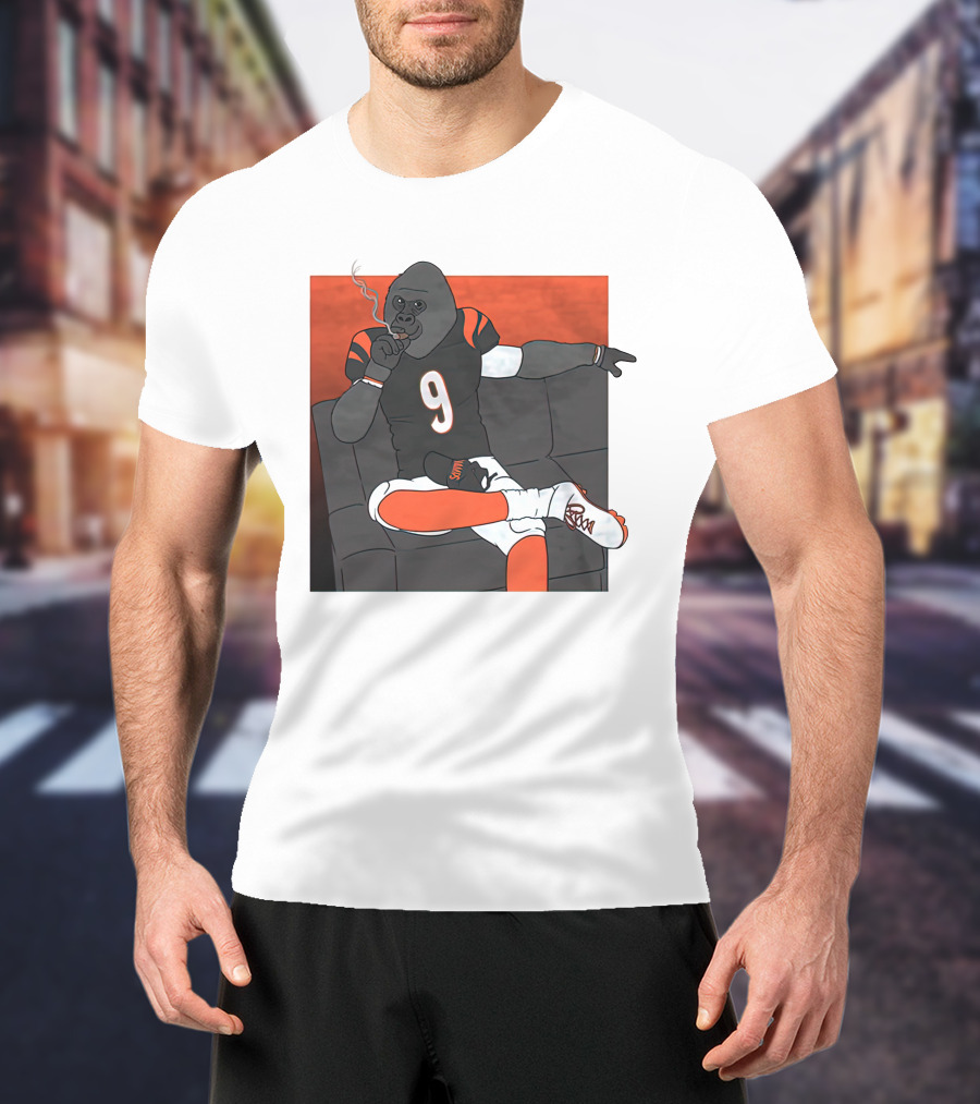 Harambe Smoking Gorilla Wearing Number 9 Jersey Sitting On Couch T-Shirt