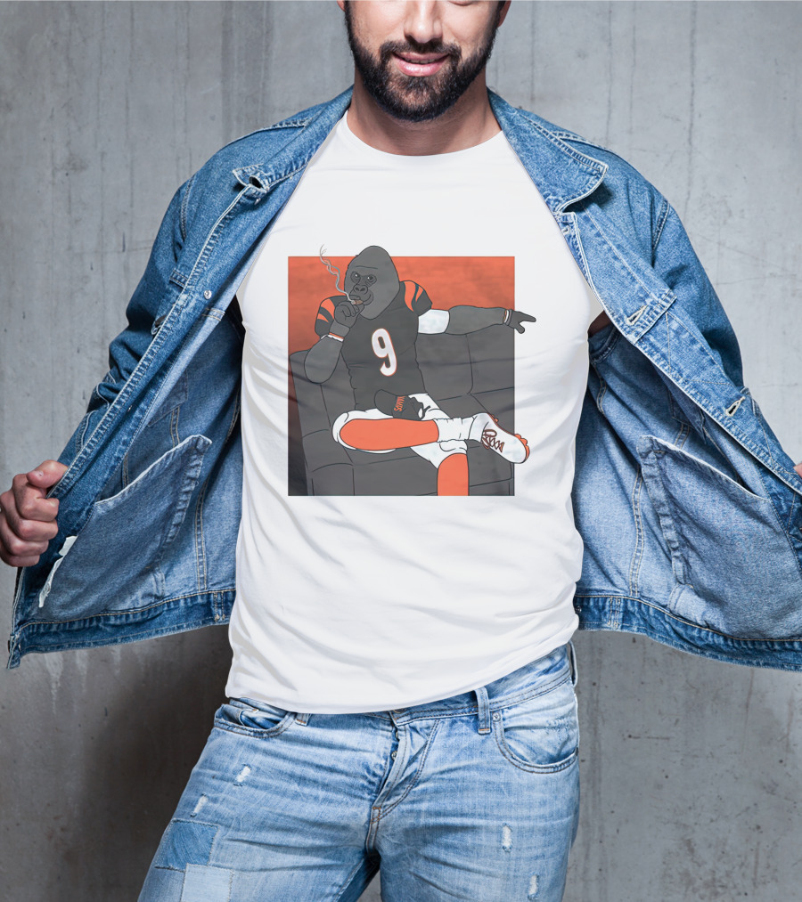 Harambe Smoking Gorilla Wearing Number 9 Jersey Sitting On Couch T-Shirt