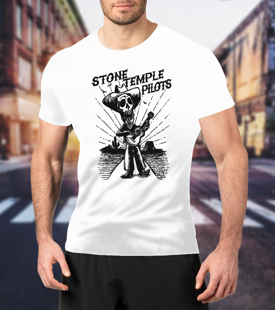 STONE TEMPLE PILOTS Skeleton Cowboy Playing Guitar Desert Scene T-Shirt