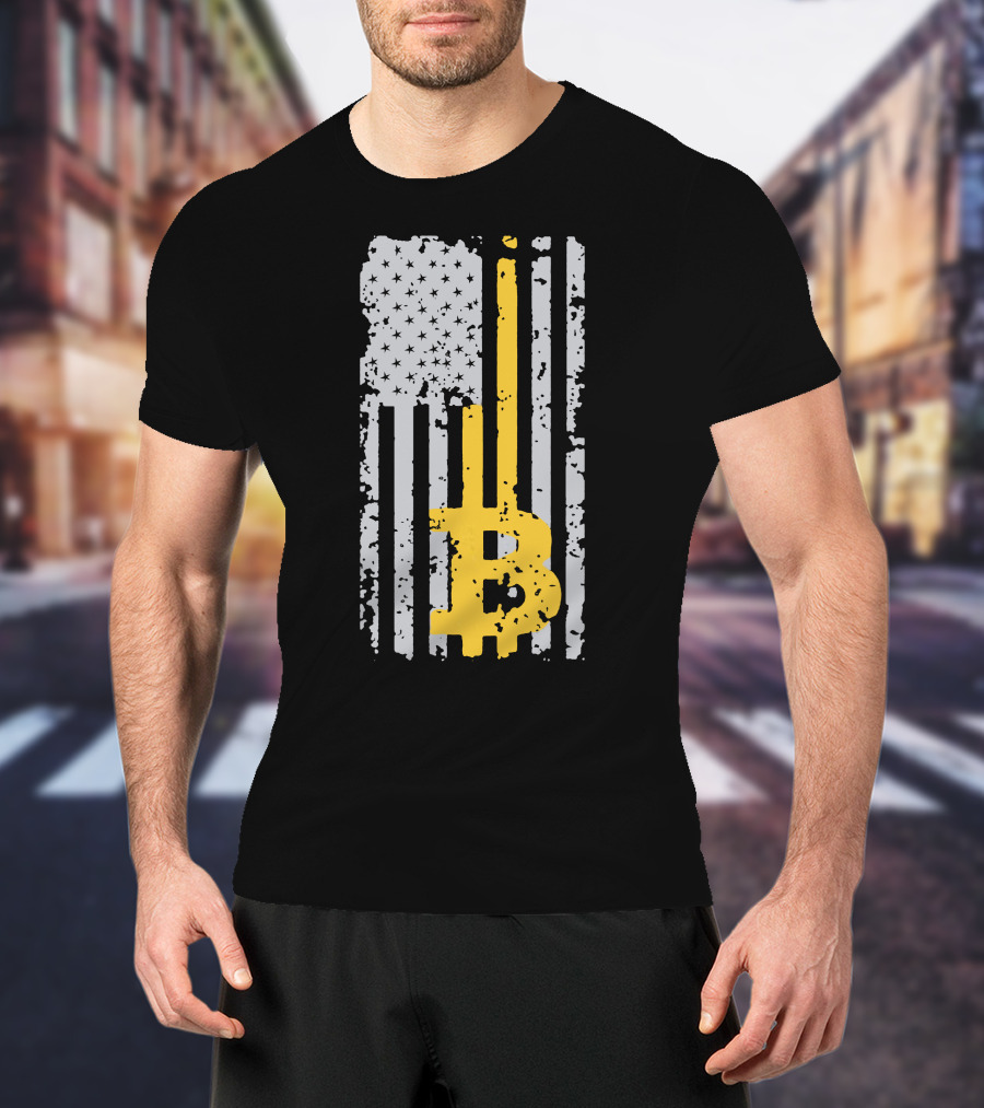 Bitcoin Logo On Distressed American Flag Background T-Shirt