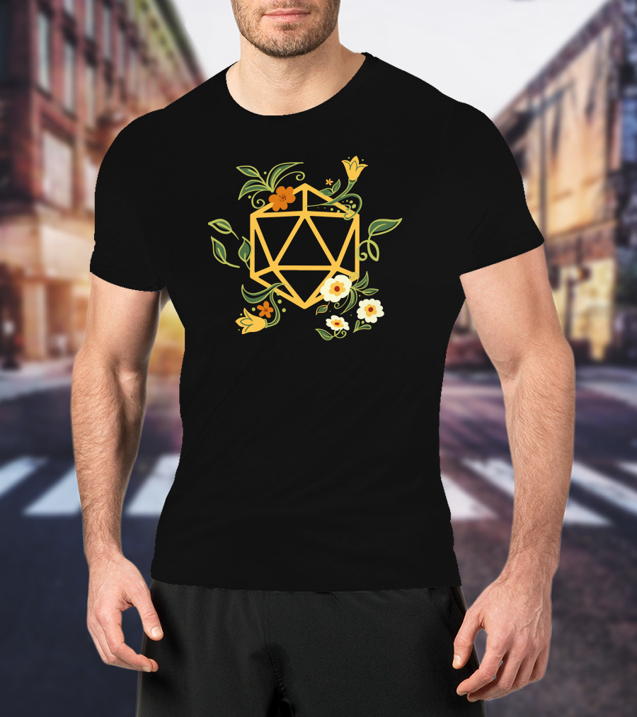 Geeky Polyhedral D20 Dice Set With Floral Plant Elements T-Shirt