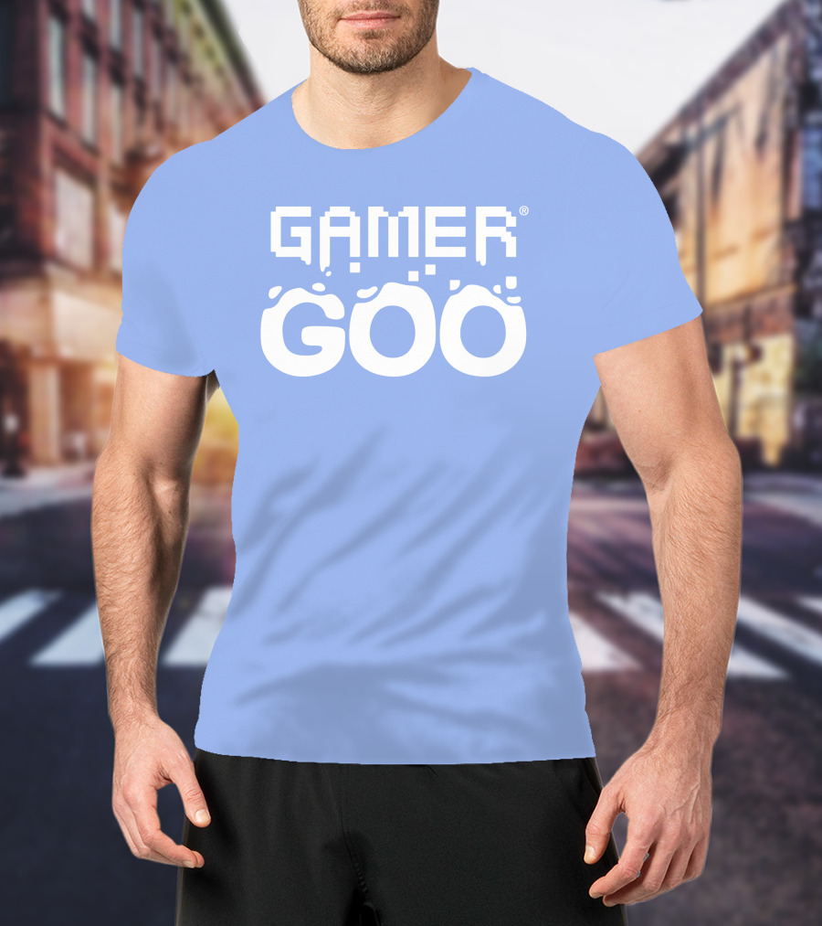 Gamer Goo Retro Pixel Font Blue Background T-Shirt